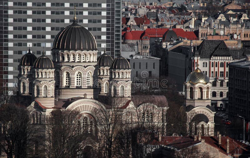 A view of the Nativity of Christ Cathedral (Kristus Piedzimšanas pareizticīgo katedrāle in Riga, Latvia, seen from the Riga Cathedral tower. A view of the Nativity of Christ Cathedral (Kristus Piedzimšanas pareizticīgo katedrāle in Riga, Latvia, seen from the Riga Cathedral tower.